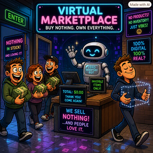 A colorful illustration of a fictional virtual marketplace featuring a robot and smiling customers carrying money. The sign highlights phrases like 'BUY NOTHING. OWN EVERYTHING...' and 'WE SELL NOTHING! AND PEOPLE LOVE IT.'
