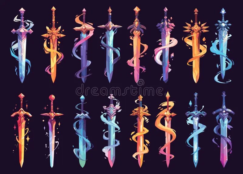 A collection of 16 decorative swords illustrated in a colorful style, each featuring unique designs and swirls of magical energy, arranged in four rows against a dark background.