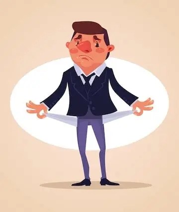 A cartoon character in a suit looks disappointed while showing empty pockets, symbolizing financial struggles.